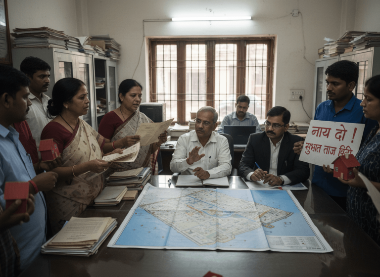 Frustrated homebuyers, some holding miniature houses and signs, demand answers from officials at a cluttered office desk.