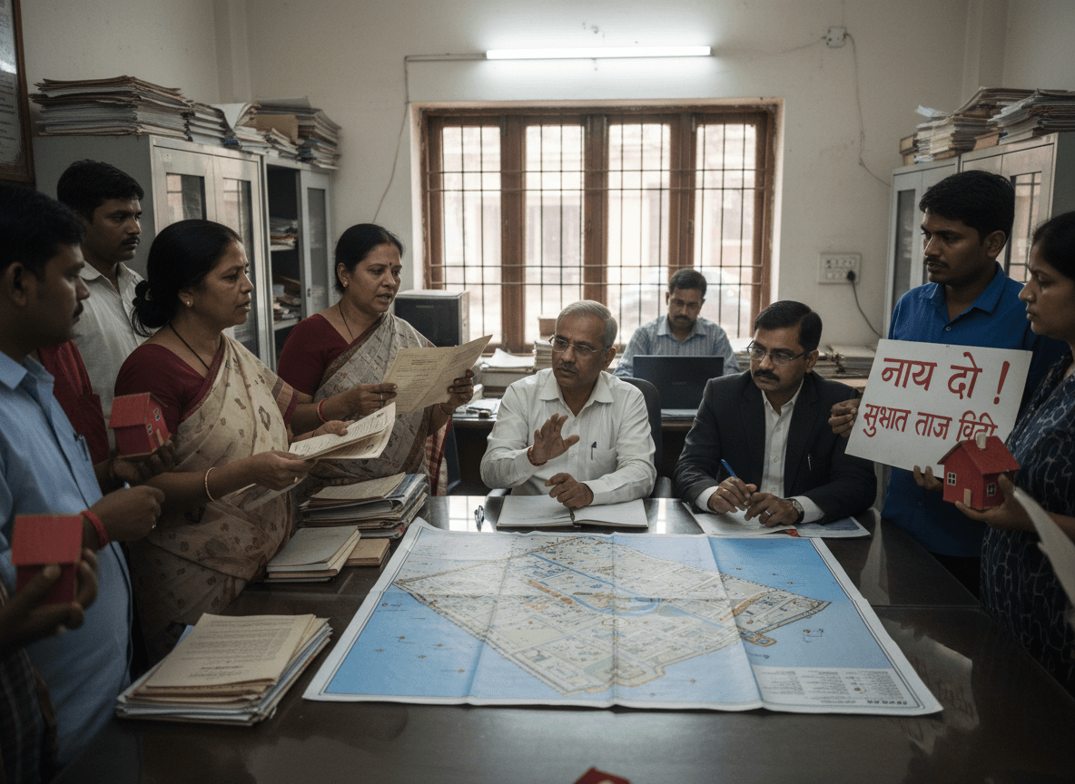 Frustrated homebuyers, some holding miniature houses and signs, demand answers from officials at a cluttered office desk.