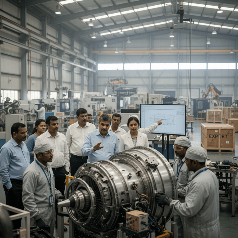 A group of government officials and engineers inspecting an aerospace engine in a factory, with one woman pointing at a screen.