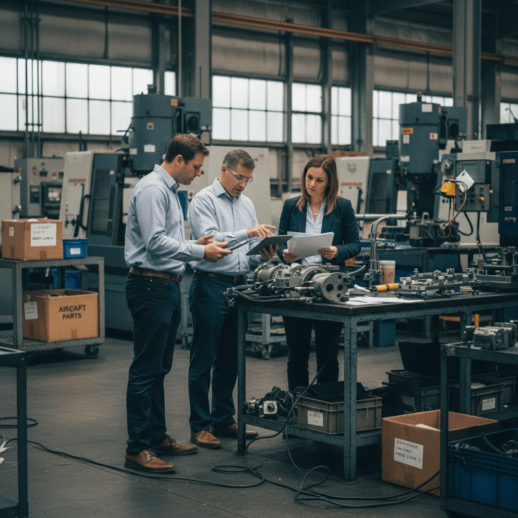 Three engineers, two men and one woman, examine aerospace components and documents on a workbench in a factory.
