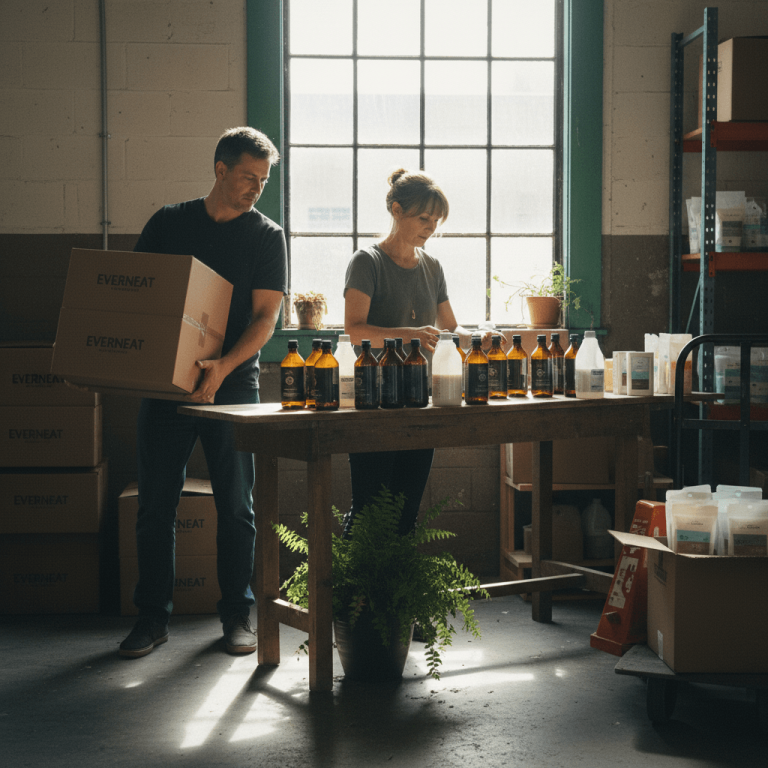A man carries a box while a woman labels bottles in a sunlit warehouse.