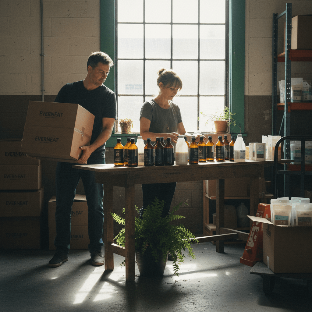 A man carries a box while a woman labels bottles in a sunlit warehouse.