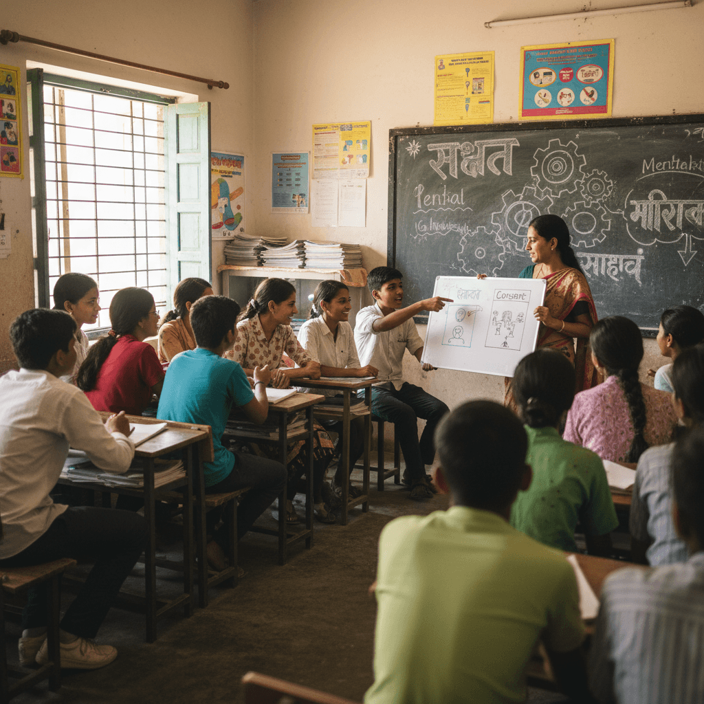 An Indian teacher uses a whiteboard to explain "consent" to a mixed group of adolescent students in a classroom.
