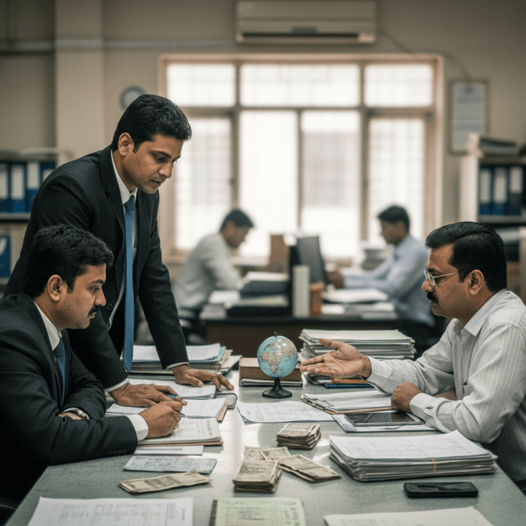 Three Indian finance professionals in suits and shirts discuss documents and stacks of currency on a cluttered office desk.