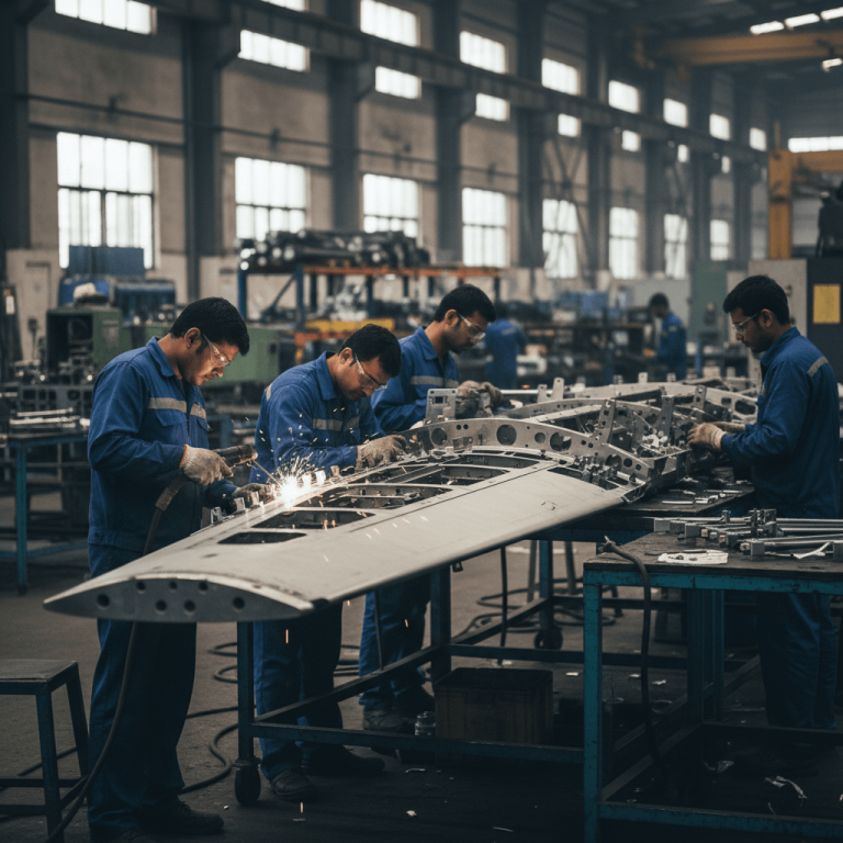 Four engineers in blue overalls work on a large metal aerospace component in a busy factory. Sparks fly from welding.