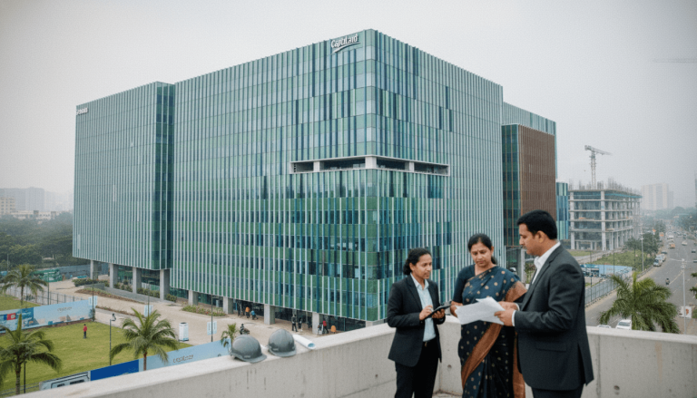 Three business professionals, two women and one man, stand on a rooftop reviewing documents with a large, modern office building in the background.