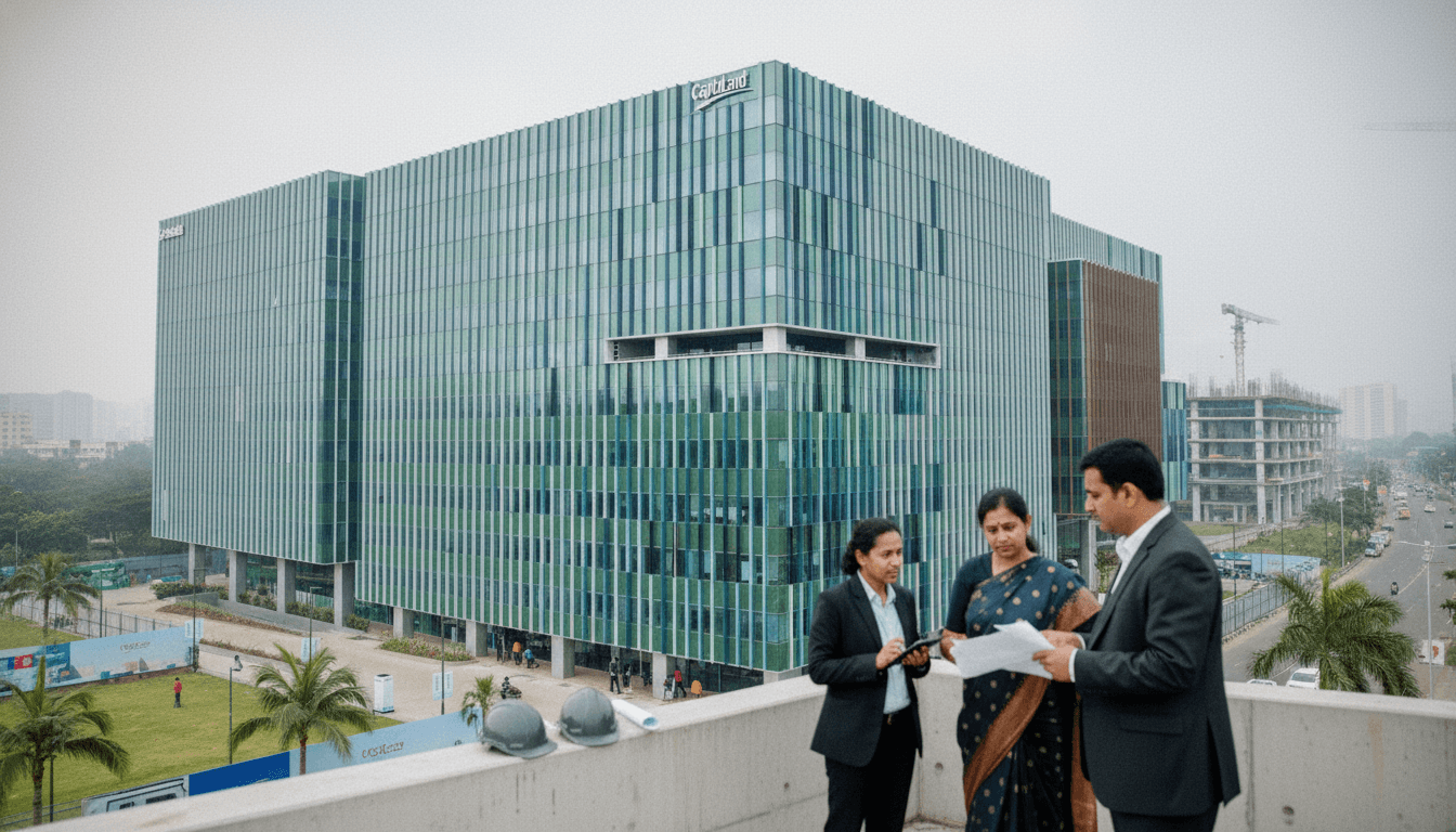 Three business professionals, two women and one man, stand on a rooftop reviewing documents with a large, modern office building in the background.