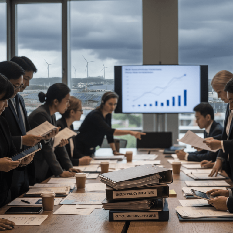 A diverse group of policymakers and analysts review documents and data in a boardroom, with a view of wind turbines and solar panels.