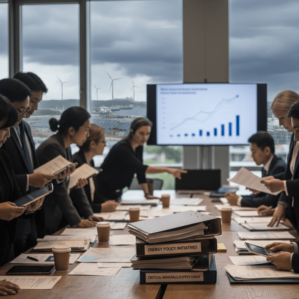 A diverse group of policymakers and analysts review documents and data in a boardroom, with a view of wind turbines and solar panels.