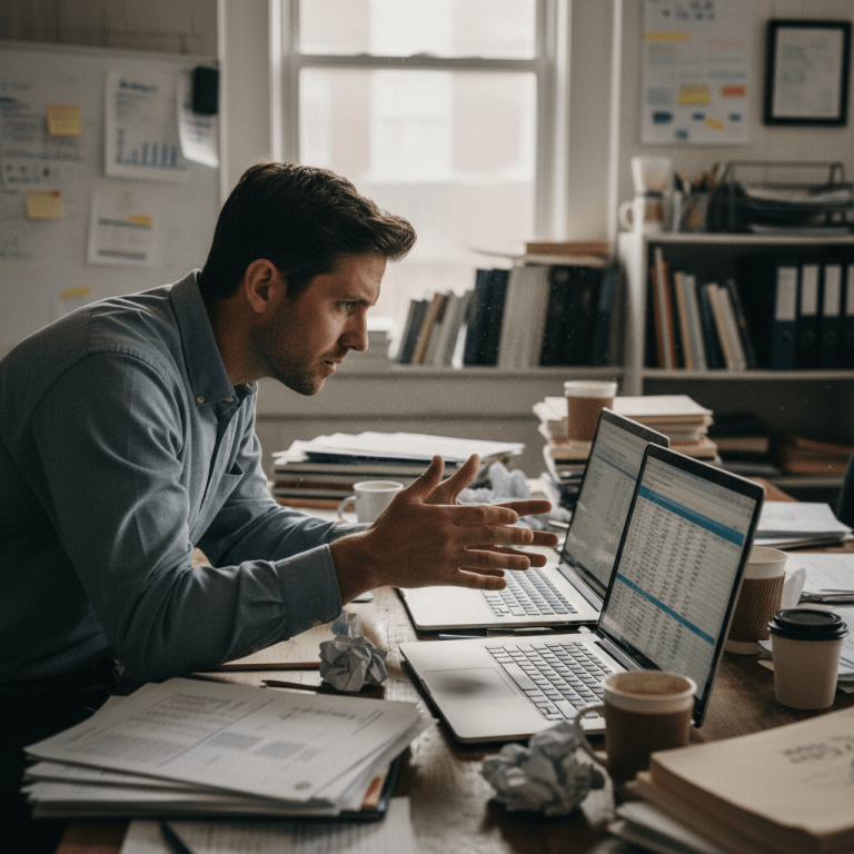 A focused male analyst, mid-discussion, surrounded by papers and multiple laptops displaying financial data in a lived-in office.