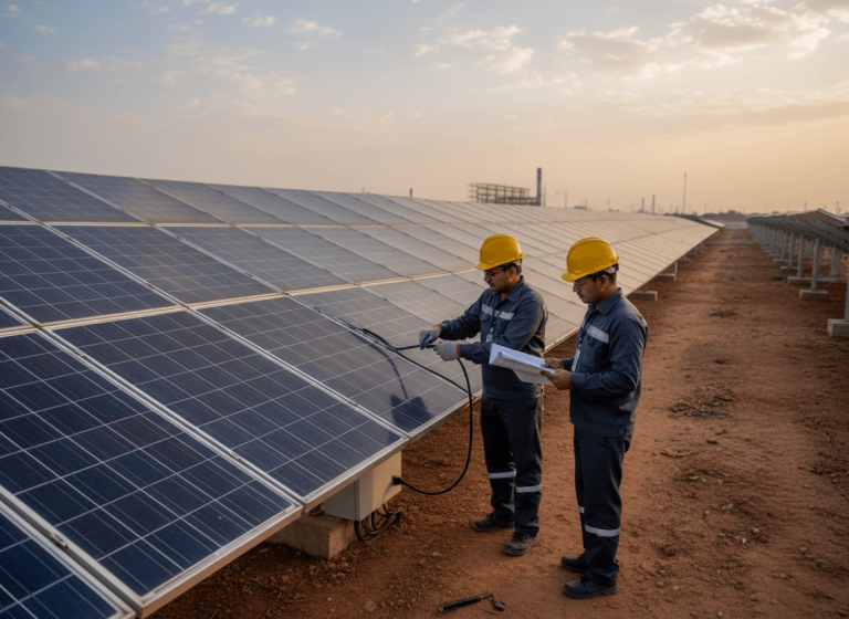 Two engineers in hard hats and uniforms examine solar panels at a vast solar farm under a clear sky.