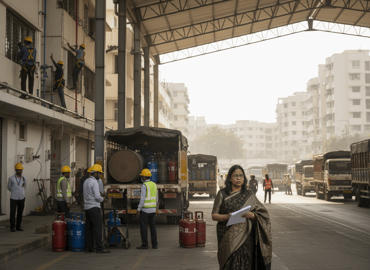 A woman in a sari, holding papers, stands in a bustling industrial yard with LPG cylinders and trucks.