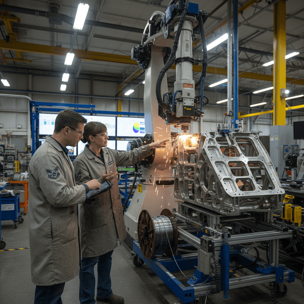 Two engineers, one male and one female, in lab coats observe a robotic arm performing additive manufacturing on a metal aerospace component.