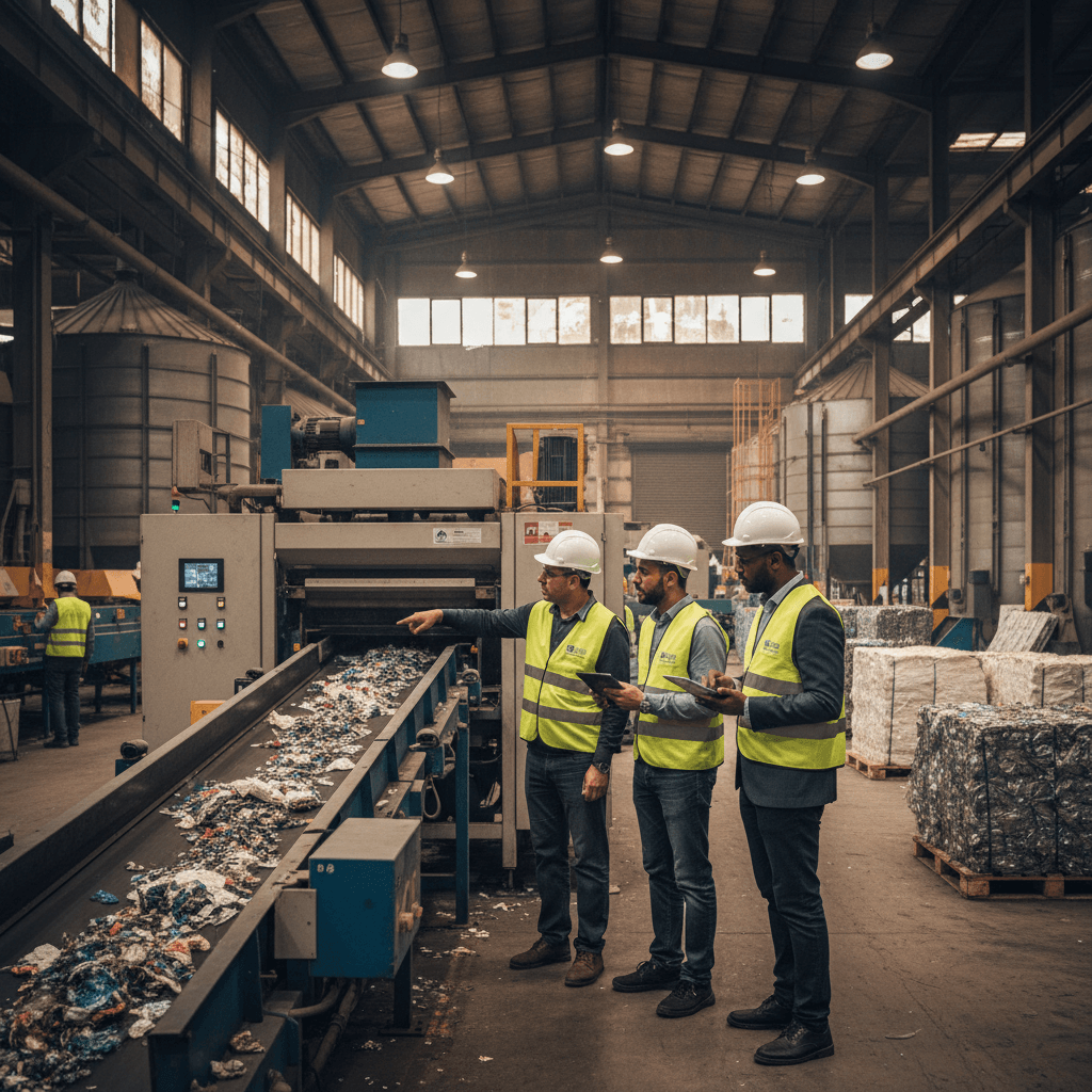 Three men in hard hats and vests observe a conveyor belt carrying waste inside a large industrial recycling facility.