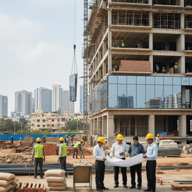 Construction workers and managers on a large building site in an Indian city, reviewing plans, with a crane in the background.