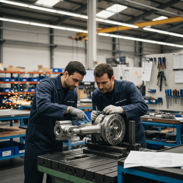 Two engineers in blue overalls meticulously examining a complex metal aerospace part on a workbench in a busy factory.