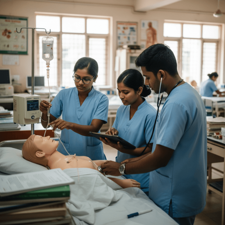 Three Indian nursing students in blue scrubs meticulously practice clinical skills on a medical dummy in a classroom setting.