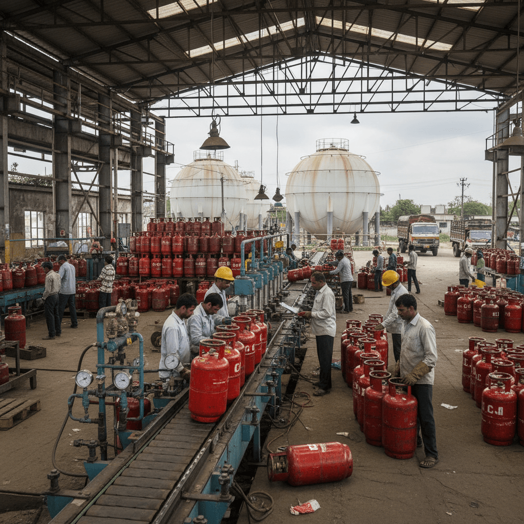 Wide shot of an Indian LPG bottling plant with workers, red cylinders on a conveyor, and large storage tanks.
