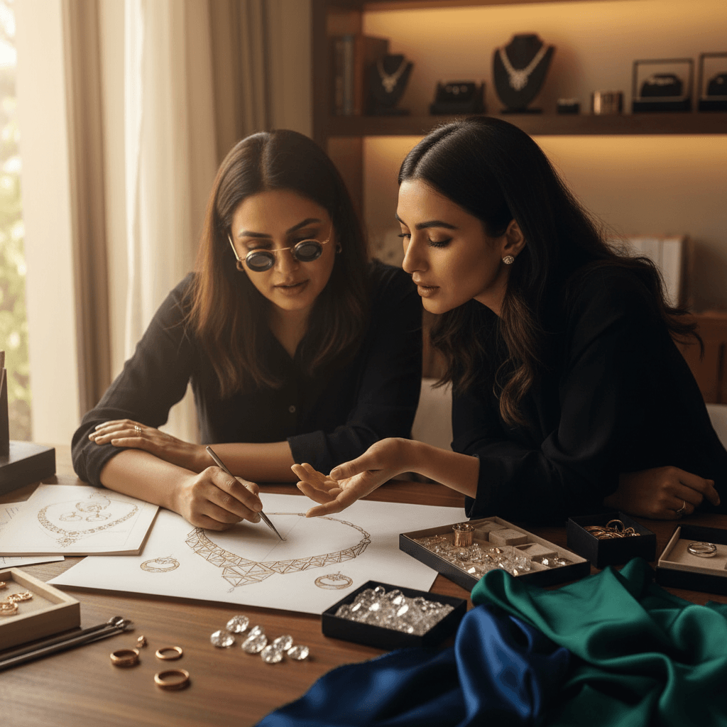 Two women at a wooden table examining jewelry sketches and loose gemstones. One woman points to a drawing.