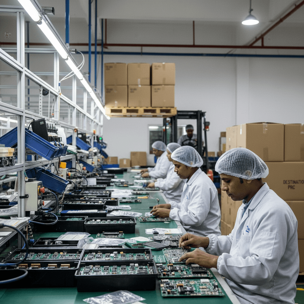 A group of factory workers in hairnets and lab coats meticulously assemble circuit boards at a long workbench.