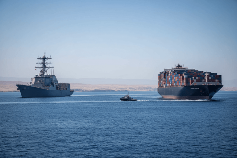 A US Navy destroyer and a large container ship on calm blue water, with a smaller patrol boat nearby, under a clear sky.