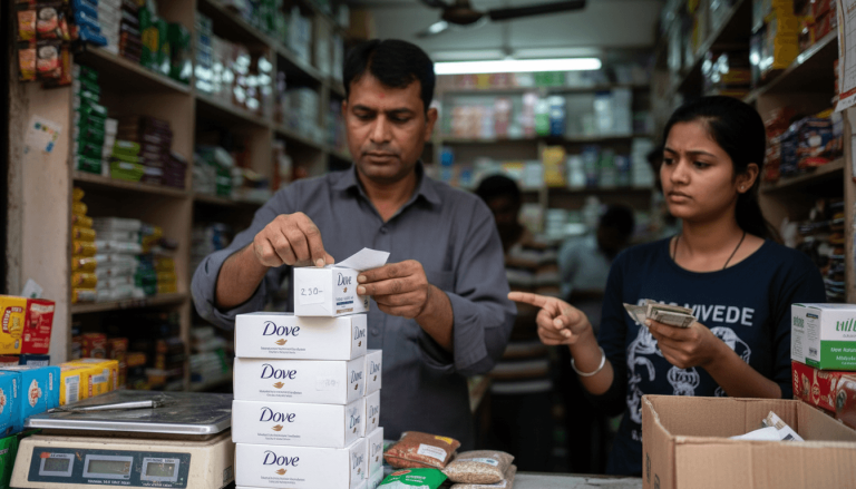 A shopkeeper in a busy Indian market changes the price on a stack of Dove soap boxes while a customer watches.