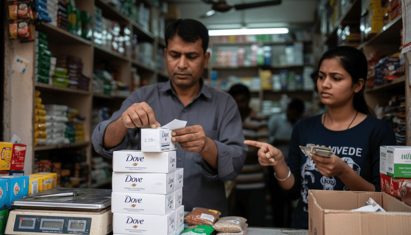 A shopkeeper in a busy Indian market changes the price on a stack of Dove soap boxes while a customer watches.