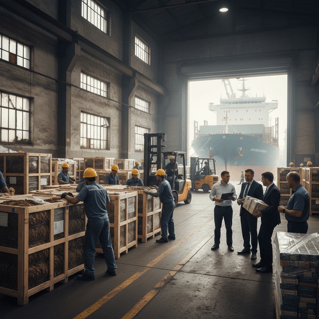 A busy industrial warehouse scene with workers in yellow hard hats moving large wooden crates of tobacco, while a group of men in suits observe nearby. A large cargo ship is docked outside the open bay door, indicating international trade.