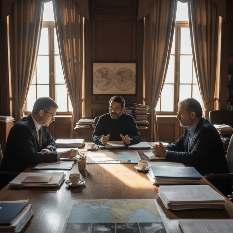 Three men in suits sit around a large wooden table covered with documents and maps, engaged in serious discussion.