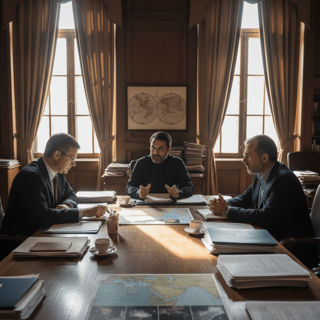 Three men in suits sit around a large wooden table covered with documents and maps, engaged in serious discussion.
