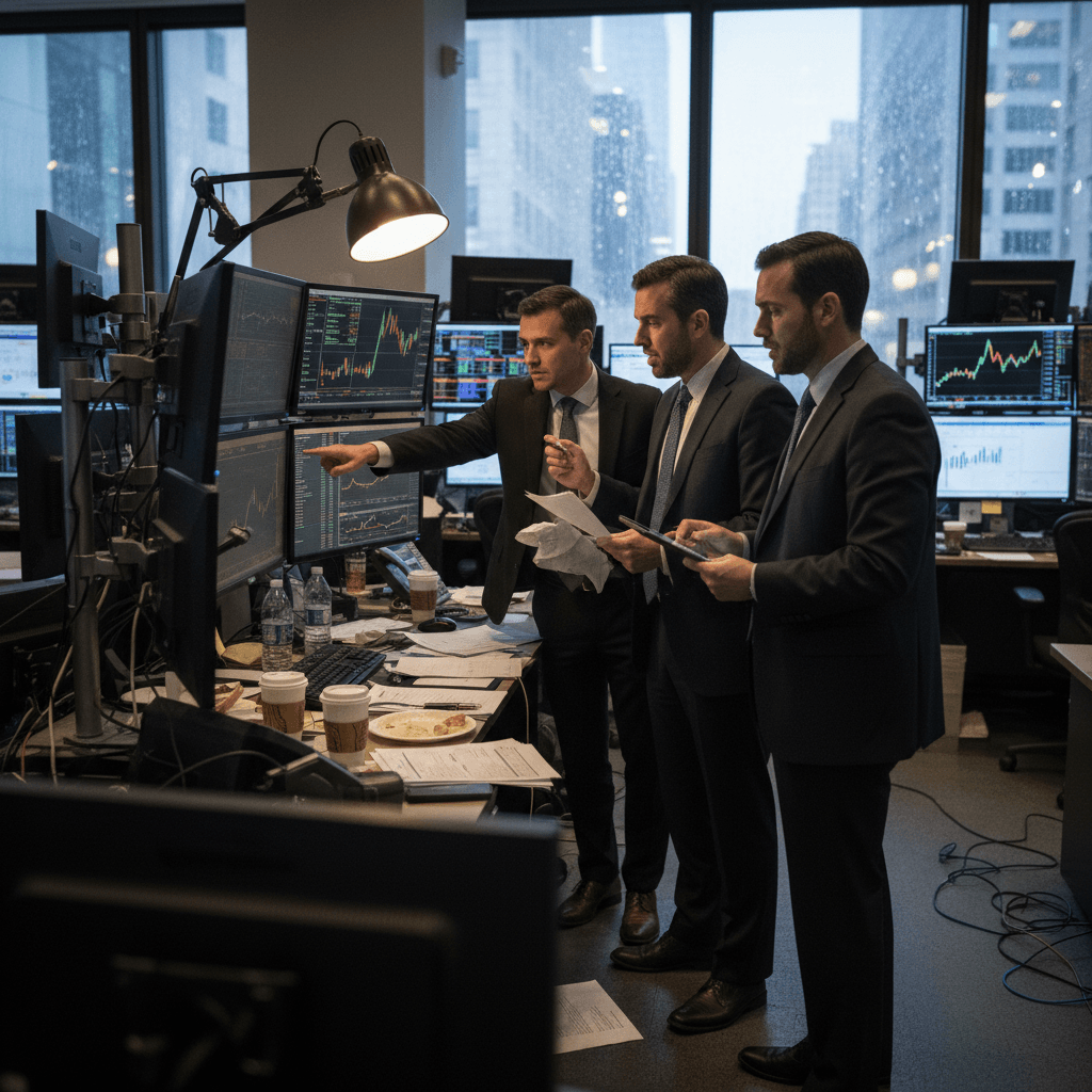 Three men in suits analyze financial data on multiple monitors in a dimly lit trading room.