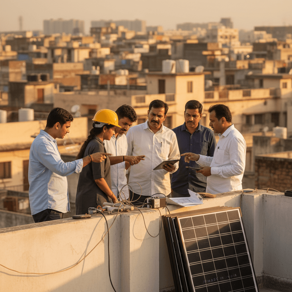 A group of Indian professionals, including an engineer in a hard hat, examining solar panels and documents on a rooftop at sunset.
