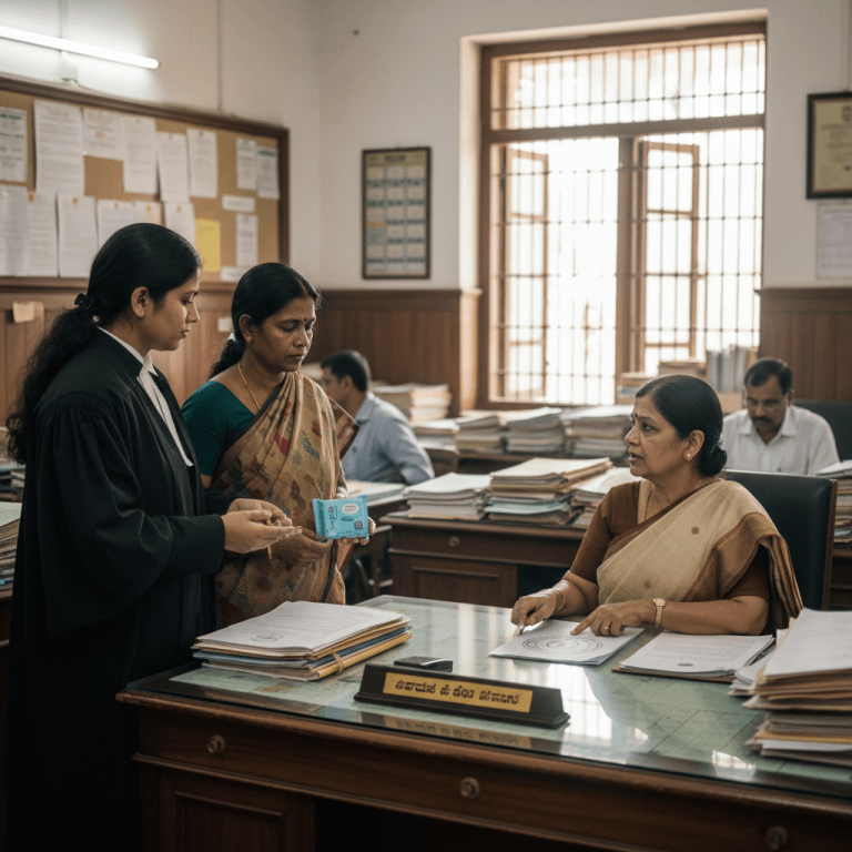 An advocate in black robes speaks to a woman holding a menstrual hygiene product, with another official at a desk.