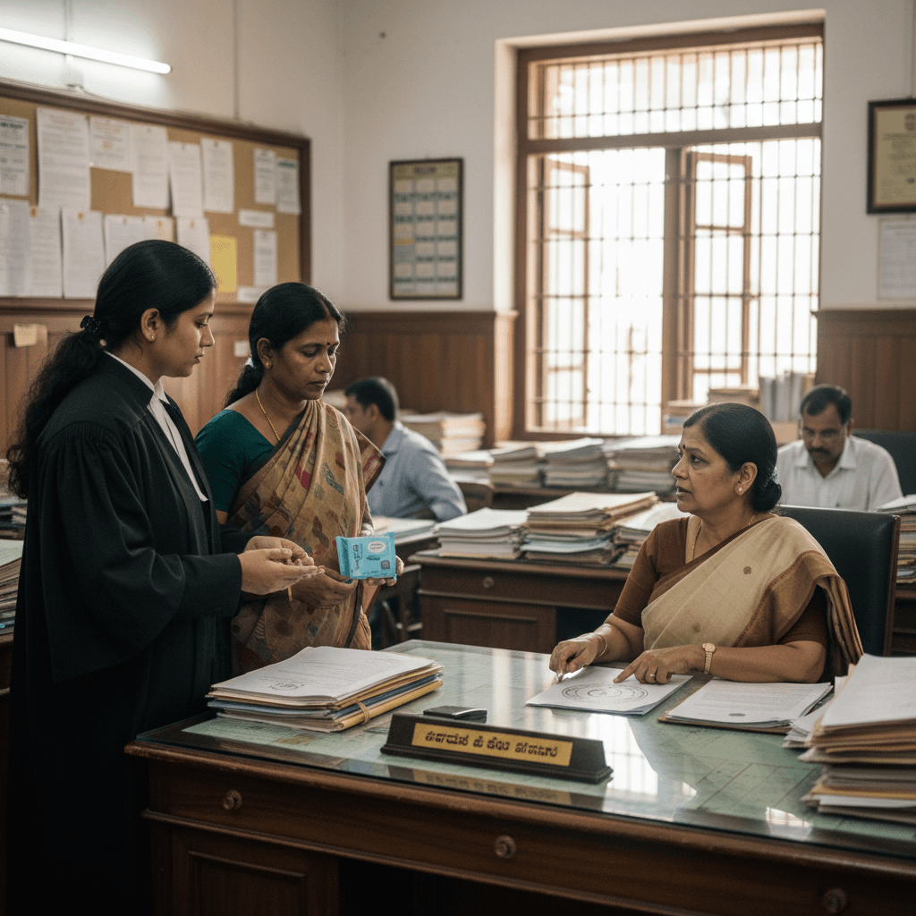 An advocate in black robes speaks to a woman holding a menstrual hygiene product, with another official at a desk.