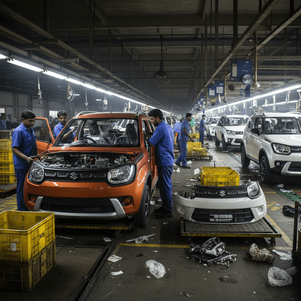 Factory workers in blue uniforms assemble an orange Maruti Suzuki Ignis on a production line, with other cars in the background.