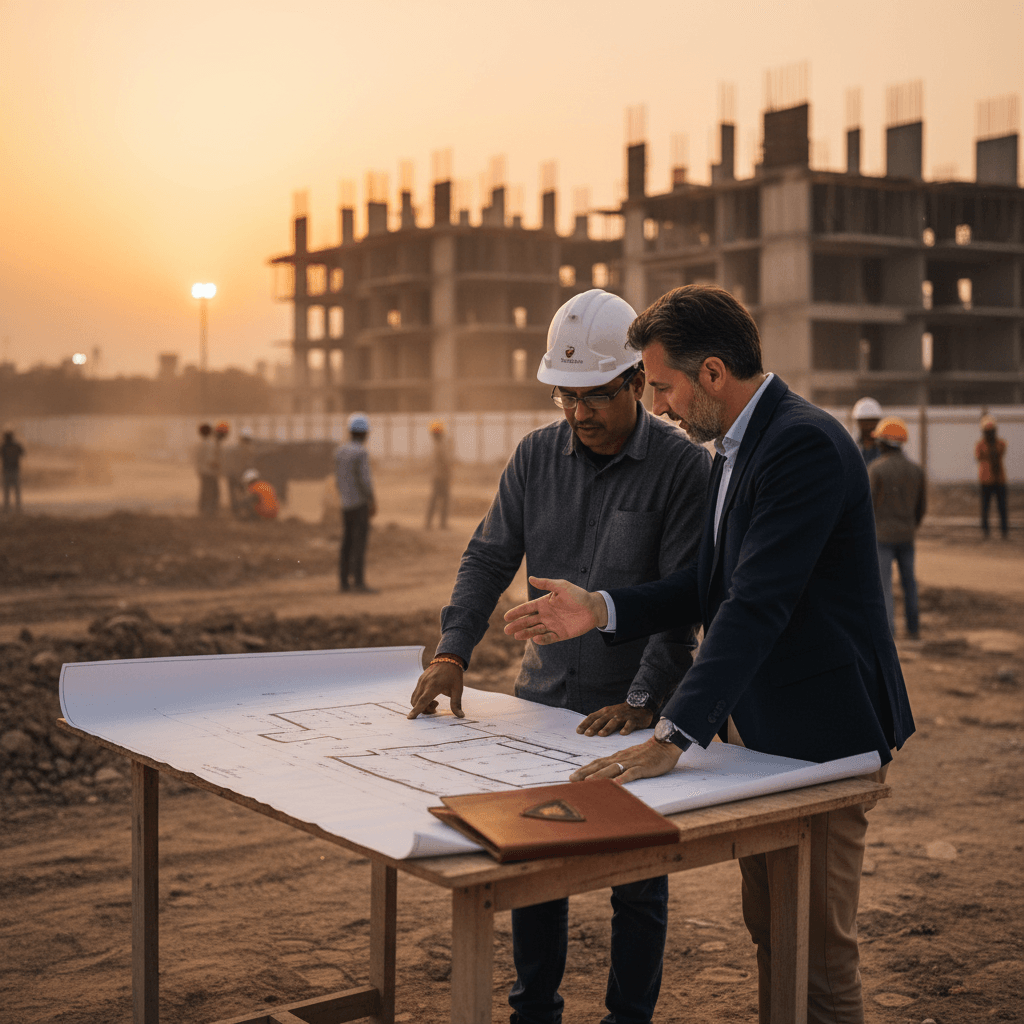 Two men, one in a hard hat, review large architectural blueprints on a table at a dusty construction site at sunset.
