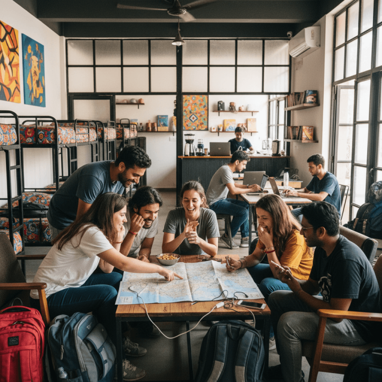 A group of young adults, some with backpacks nearby, are intensely focused on a map spread across a wooden table in a busy hostel.