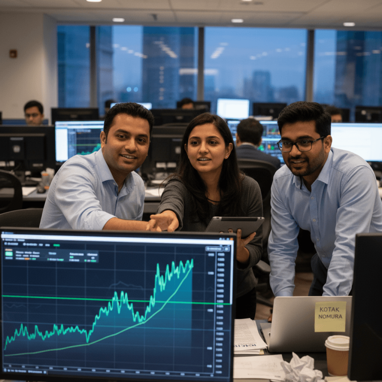 Three financial analysts, two men and one woman, collaborate around a computer screen displaying a stock chart.