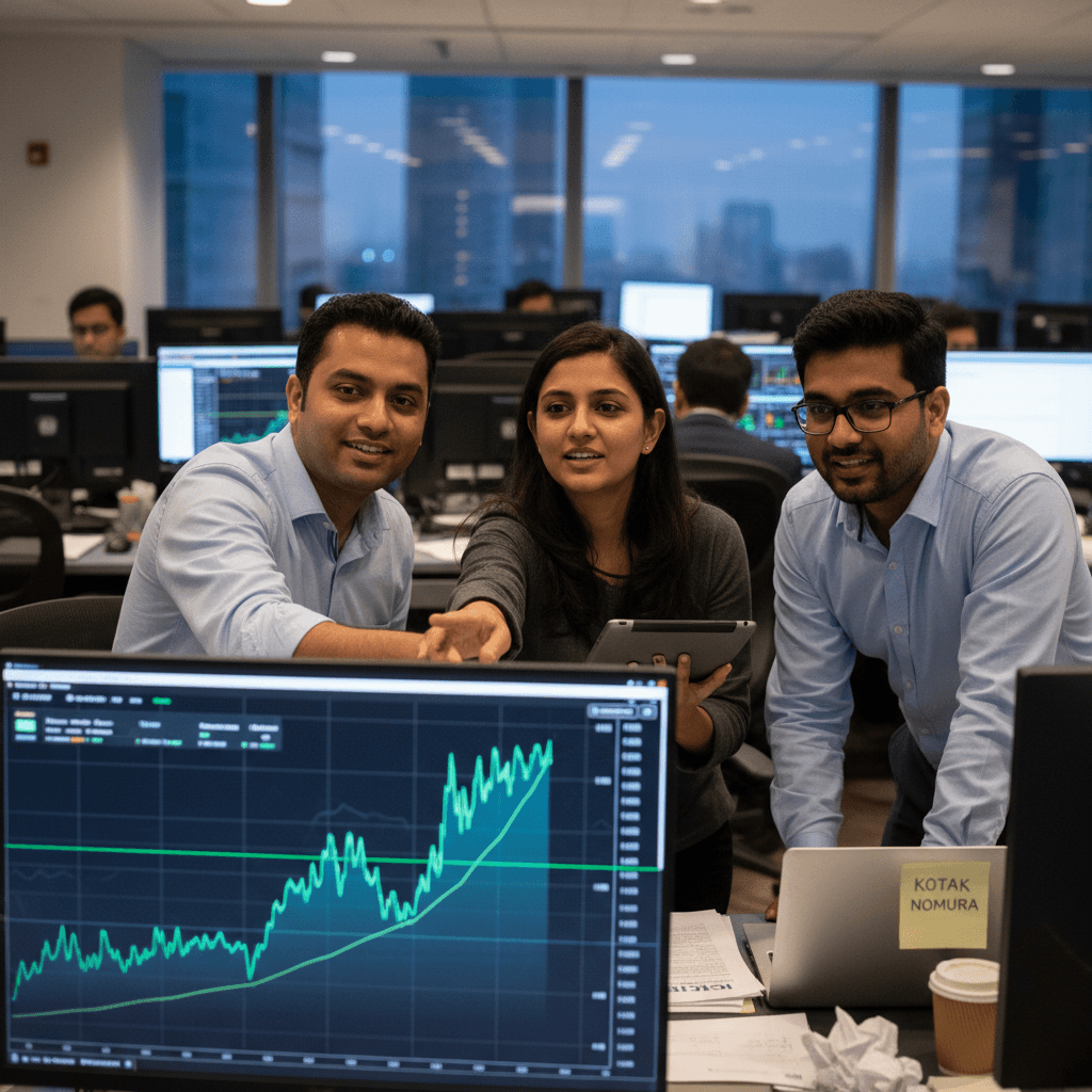 Three financial analysts, two men and one woman, collaborate around a computer screen displaying a stock chart.