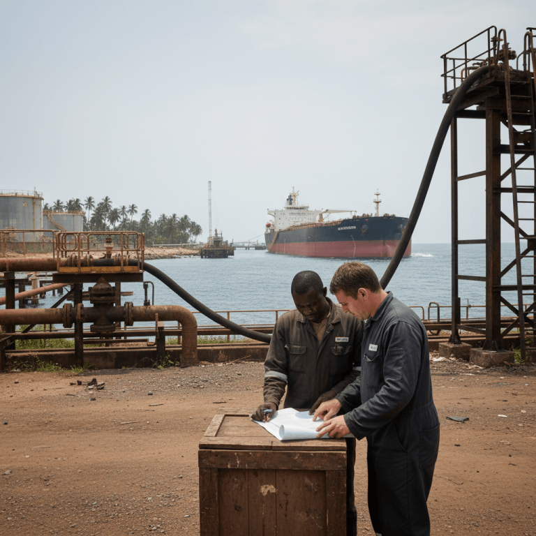 Two men in work overalls review papers at a dusty port, with industrial pipes and a large oil tanker in the background.