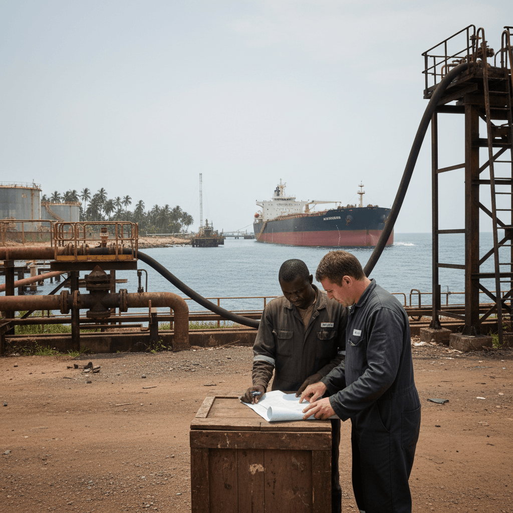 Two men in work overalls review papers at a dusty port, with industrial pipes and a large oil tanker in the background.