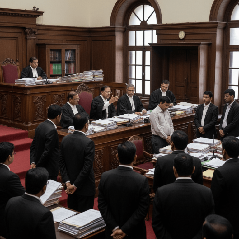 Wide shot of Indian Supreme Court judges in session, with lawyers observing from the foreground.