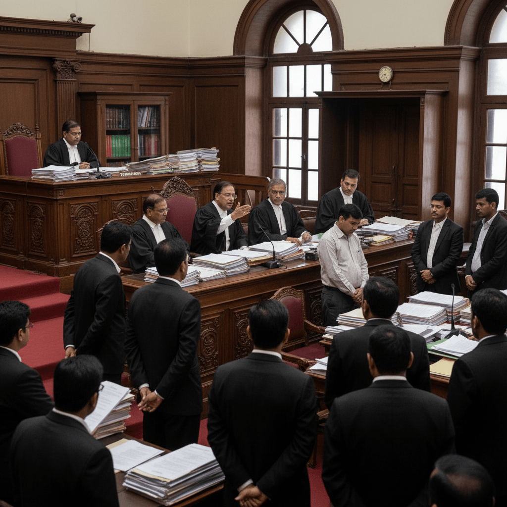 Wide shot of Indian Supreme Court judges in session, with lawyers observing from the foreground.