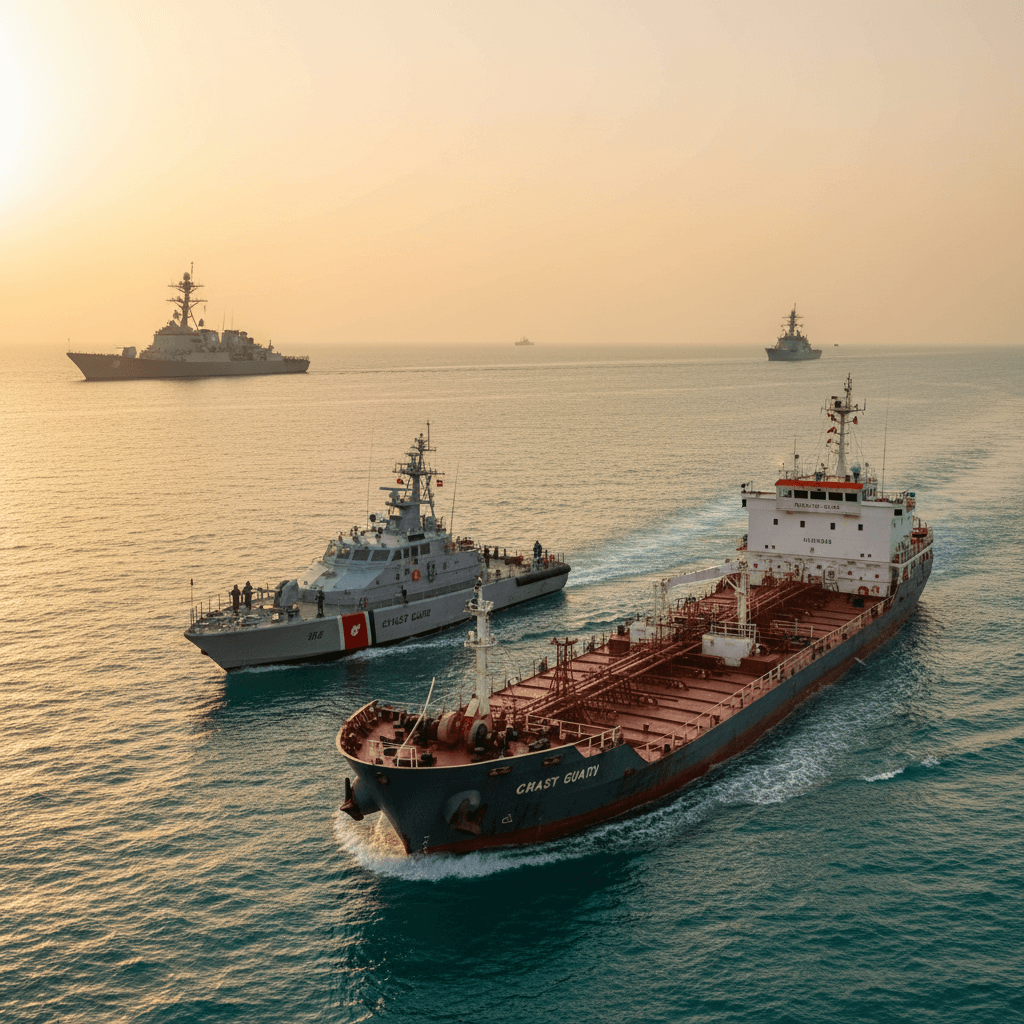 An aerial view of multiple ships, including a large tanker and a smaller coast guard vessel, moving through calm waters at sunset.