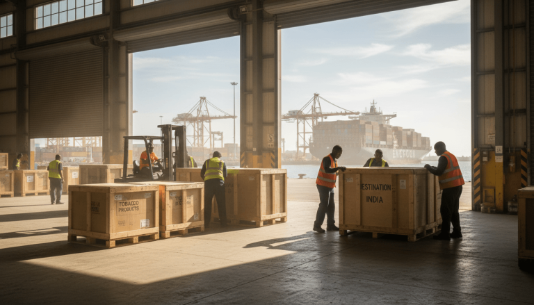 Port workers in high-visibility vests move large wooden crates labeled "TOBACCO PRODUCTS" and "DESTINATION INDIA" inside a sunlit warehouse.