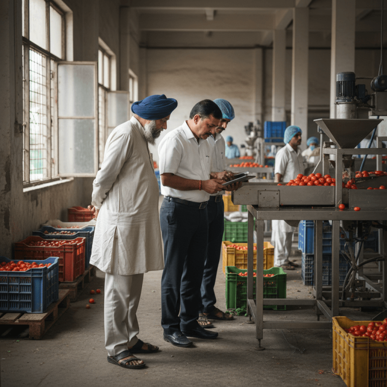 A group of men, some in turbans and some in business attire, observe a tomato processing line in a large, industrial building with crates of tomatoes.