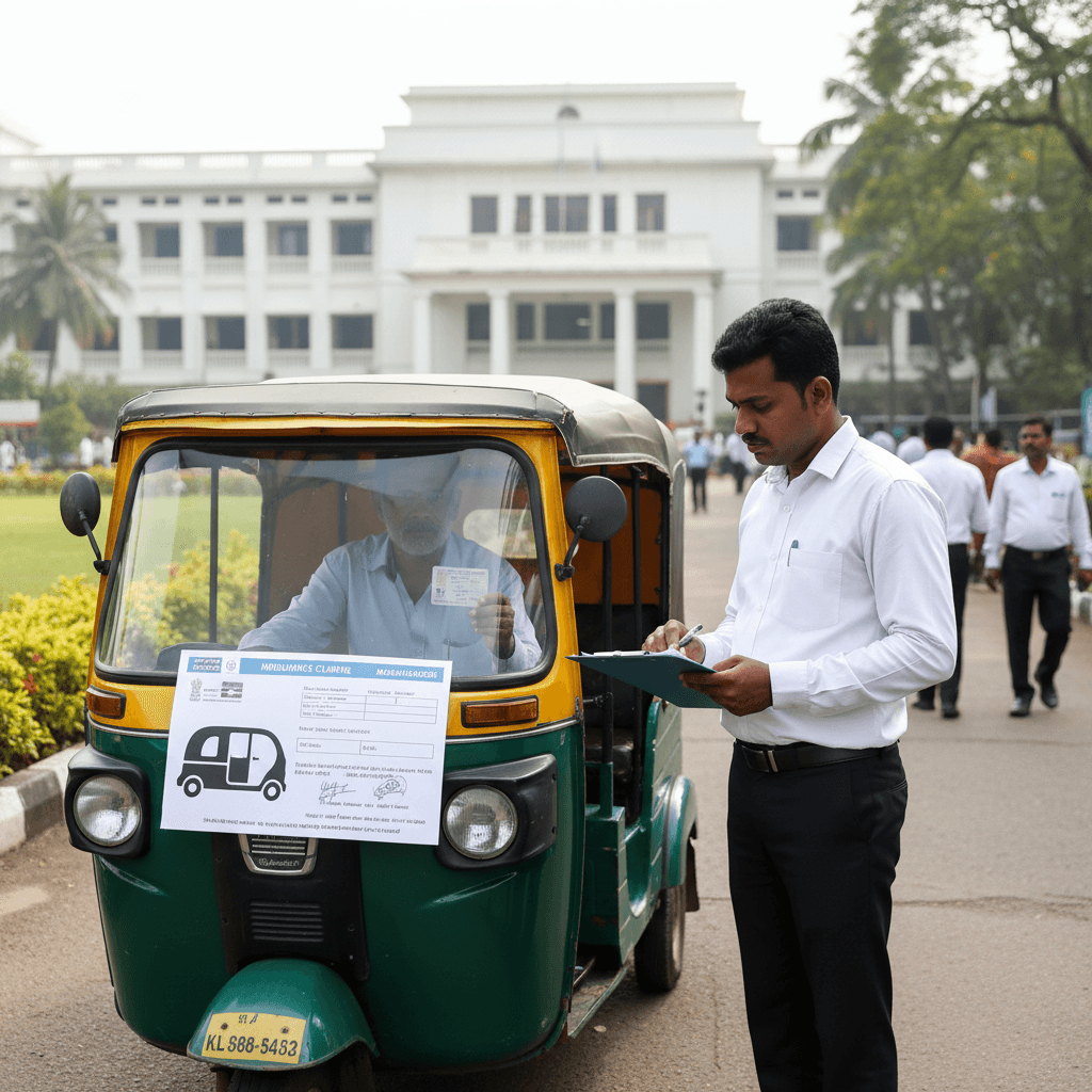 An insurance agent in a white shirt and dark pants records notes on a clipboard next to a green and yellow autorickshaw.