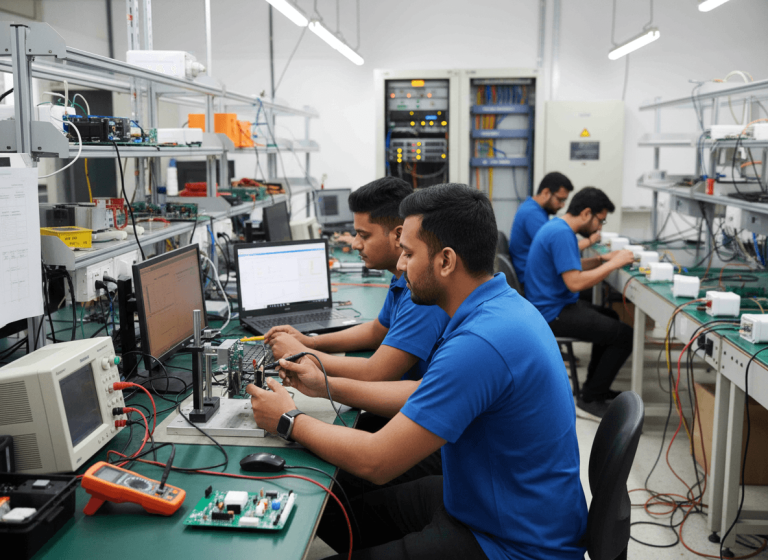Several engineers in blue shirts work on circuit boards and laptops at individual workstations in a busy electronics lab.