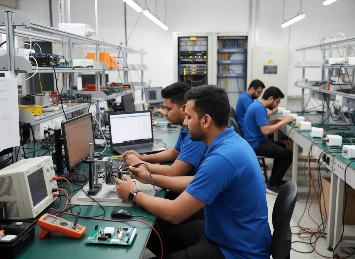Several engineers in blue shirts work on circuit boards and laptops at individual workstations in a busy electronics lab.