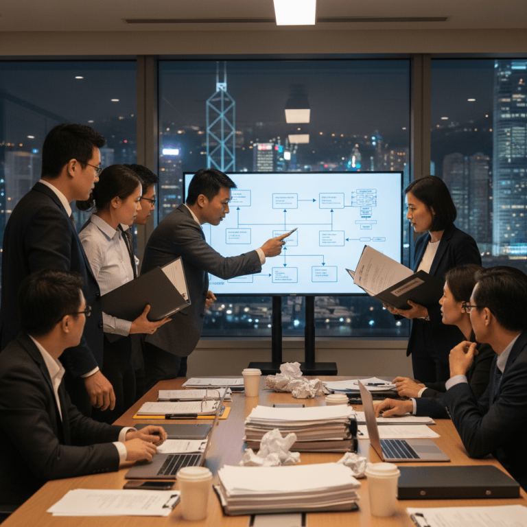 A group of lawyers in suits intensely review documents and a flowchart on a large screen in a boardroom at night, with Hong Kong's skyline visible through the window.